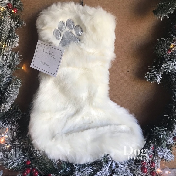 Nicole Miller Faux Fur Silver Sequin Dog Paw Pet Stocking - Picture 1 of 5